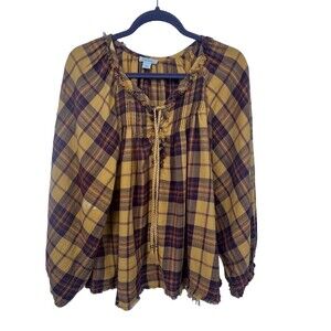 Sundance Perfectly Plaid Top Sz M Tassel Balloon Sleeves Yellow Boho Peasant